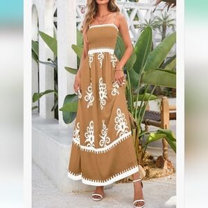 Chic Tan and White Floral Maxi Dress